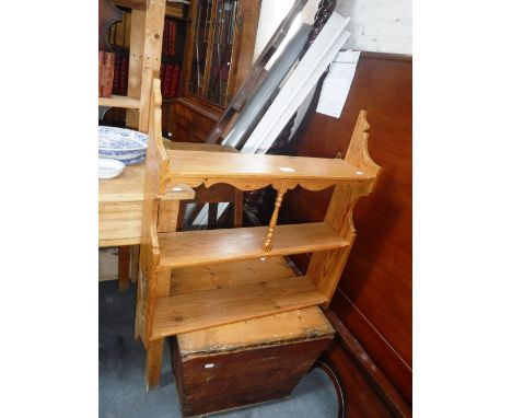 A SET OF PINE OPEN WALL SHELVES, a high stool with lift open top and a pine box (3)