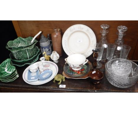 A LARGE GLAZED CERAMIC TUREEN in the form of a cabbage, a quantity of ceramics, decanters and glassware