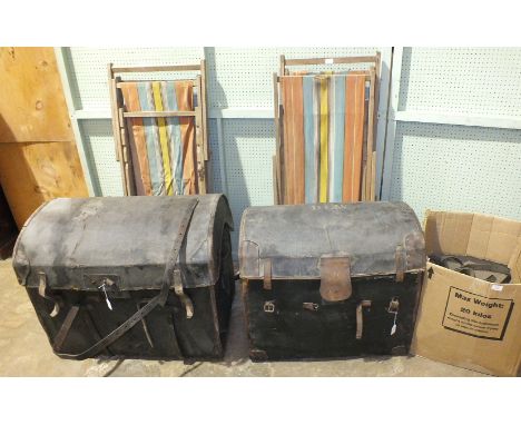 Two canvas covered and leather bound wicker domed trunks, one labelled Hodkinson, Sadler, 85cm wide, 66cm high, a collection 