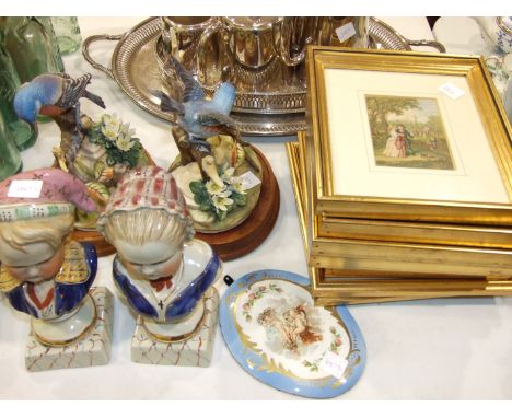 Five framed Baxter style coloured prints, 11 x 8cm, two others, a pair of reproduction ceramic busts and other ceramics.