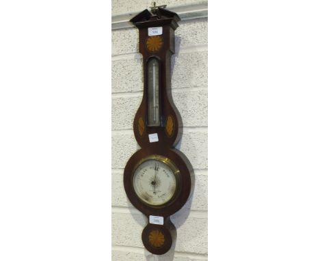 An inlaid mahogany aneroid barometer and thermometer with silvered dial, marked Negretti & Zambra, 97cm high, (glass cracked)