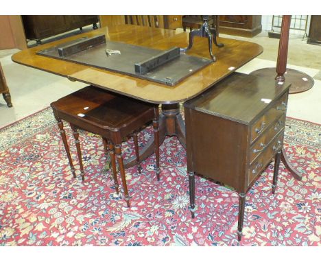 A modern mahogany bedside chest of three drawers, 49cm wide, a standard lamp on tripod support, a Regency style twin pillar d