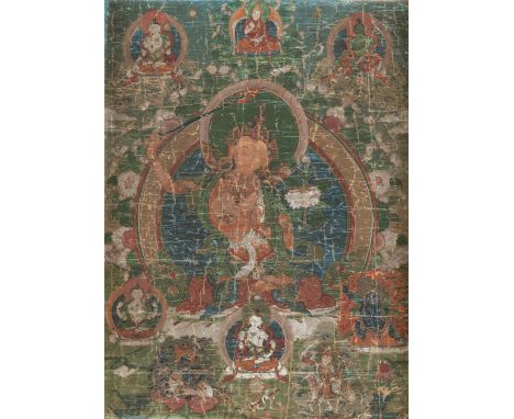 Thangka des ManjushriTibet, 18./ 19. Jh.62,5 x 45 cm R.Flankiert von der weissen und der grünen Tara, darunter Vajrasattva, A