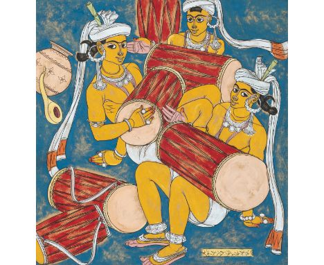 Polychrome Malerei auf KartonIndien, 20. Jh.40 x 38 cm R.Darstellung von Trommlern, signiert Abdulrahim Apabhai Almelkar, 196