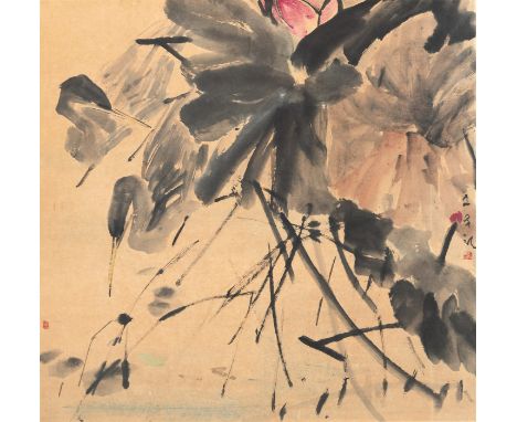 Chen Wenxi/ Chen Wen Hsi (1906-1991)China/Singapur, 20. Jh.64,5 x 66,5 cm, R.Lotosteich und Fischreiher. Tusche und leichte F