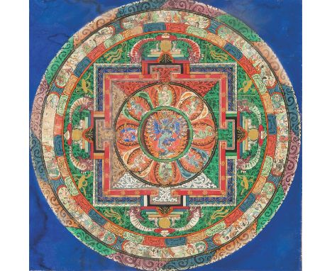 Mandala des HevajraTibet, 17./ 18. Jh.23,5 x 23,5 cm R.In der Mitte ist Hevajra dargestellt, wie er seine Gefährtin umarmt un