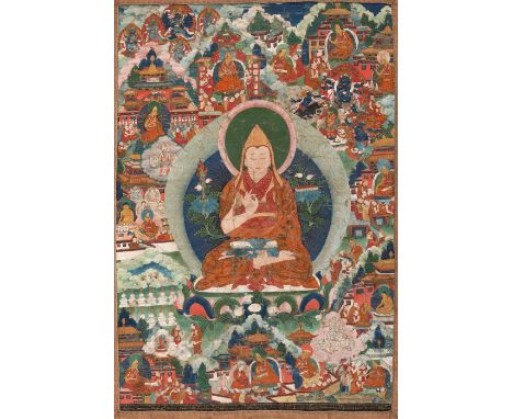 Aus der Lebensgeschichte des Großen Reformators und Gelehrten Tsong Khapa (1357-1419)Tibet, 18./ 19. Jh.64,6 x 43,6 (127,5 x 