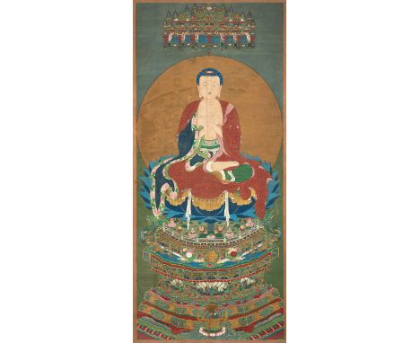 Buddha Vairocana des Höchsten WissensChina, Ming/ frühe Qing-Dynastie171 x 75 cm, R.Der transzendente Buddha Vairocana, der w