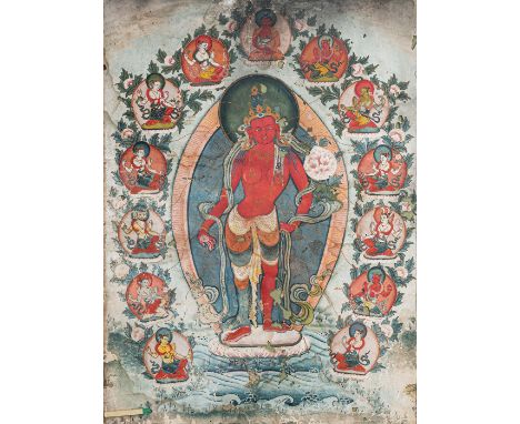 Seltenes Thangka der roten TaraTibet, 19. Jh.36 x 25,5 cm R.Stehend in Tribhanga auf einem Lotossockel, der sich aus dem heil