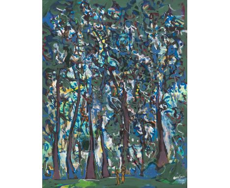 Signiert Arie Smit (1916-2006)Indonesien, datiert (19)7664 x 49 cm, R.Wald und zwei Menschen, die Opfergabe tragen. Acryl auf