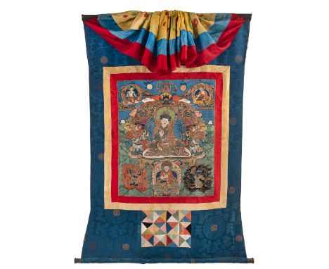 Seltenes Applikationsthangka mit der Darstellung des „Kostbaren Guru“ PadmasambhavaBhutan, 18./ 19. Jh.61 x 50  cm (130 x 85 
