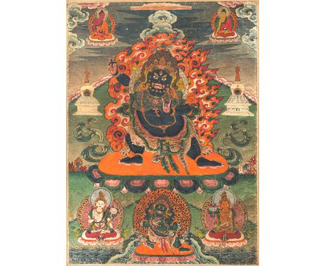 Thangka des VajrapaniTibet, 19, Jh.55,5 x 40,5 cm R.In Alidhasana auf einem Lotussockel stehend, mit der erhobenen rechten Ha