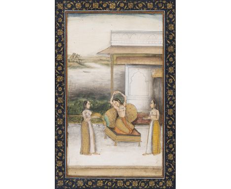 Sehr feine Moghul-MiniaturmalereiIndien, 18. Jh.45 x 29,8 cmPrächtige Malerei eine figuralen Scene von zwei Musikerinnen und 