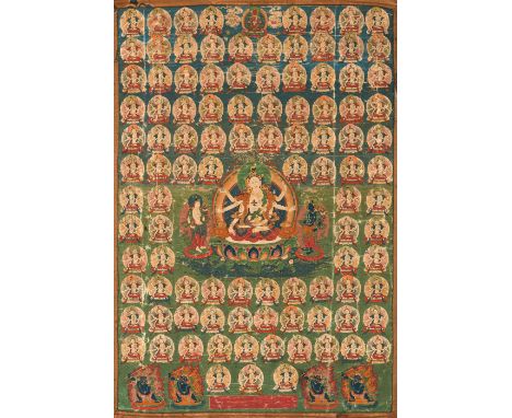 Votivthangka für die weibliche Gottheit UshnishavijayaTibet, 19. Jh.47,0 x 49,8 cm (135,8 x 83,5 cm)Der Name Ushnishavijaya b