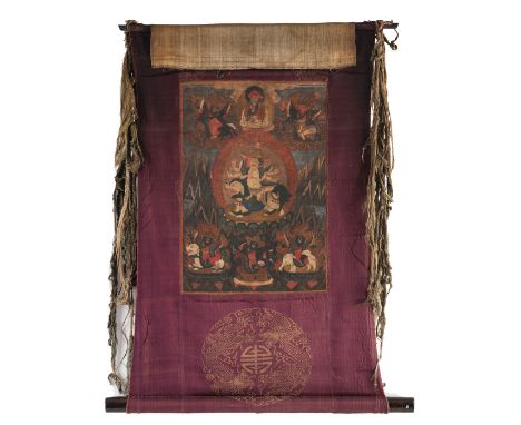 Pehar Gyalpo und sein GefolgeÄußere Mongolei, Ende 18,/ frühes 19. Jh.37 x 25,5 (67 x 45) cmTempera auf Baumwollgewebe, origi