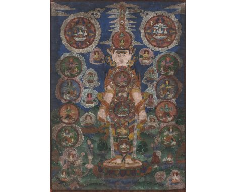 Thangka mit Loka Purusha Cosmic ManTibet, 19./ 20. Jh.77 x 53 cm, R.Aus einer alten deutschen Privatsammlun, in den 1970er un