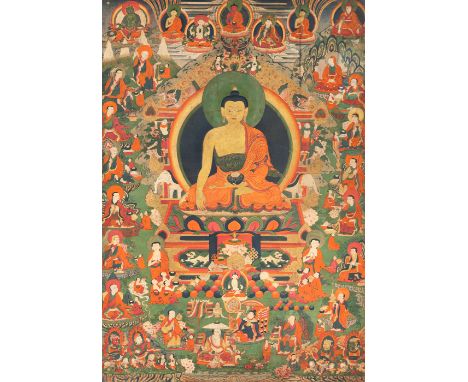 Thangka des Buddha ShakyamuniTibet, 18./ 19. Jh.73 x 50,5 cm R.In der Mitte des Gemäldes sitzt Buddha Shakyamuni in Vajrasana