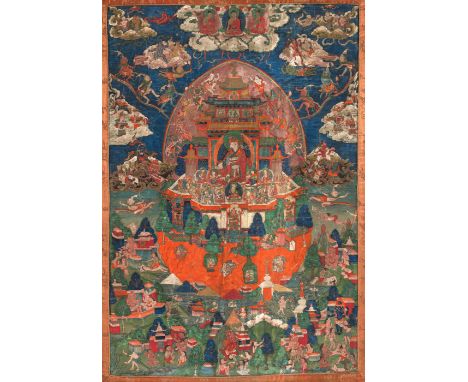 Das Paradies des Padmasambhava - der Kupferberg Zangs dog dpal-riTibet, 18./ 19. Jh.64,5 x 43,5 (112 x 74,5) cmDarstellung de
