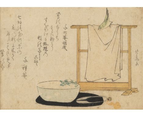 Teisai HokubaJapan (1771-1854)13 x 17,5 cm R.Surimono. Handtuch an einem Ständer, Buschsänger, Schale mit Frühlingskräutern u