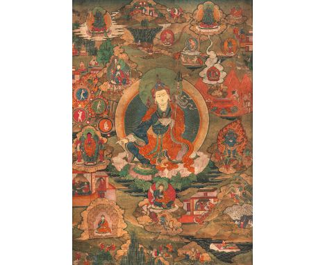 Padmasambhava „Der Kostbare Guru“ als universaler Helfer aus allen NötenTibet, 18./ 19. Jh.67,5 x 45 (99 x 65) cmIn der Mitte