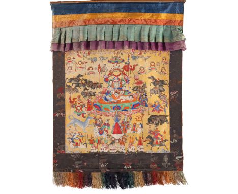 Opferdarbringungen für die Schutzgottheit Beg tse, und ihre BegleiterTibet, 19./ frühes 20. Jh.76 x 76 (115 x 90) cmAuf diese