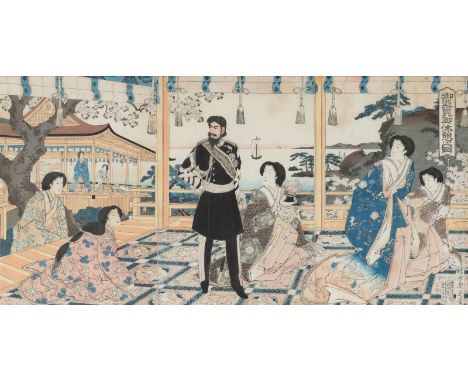 Toyohara Chikanobu (1838-1912)Japan, dat. 189835 x 71,5 cm, R.Farbholzschnitt, drei ôban, Triptychon. Titel: Goyuran gokyukei