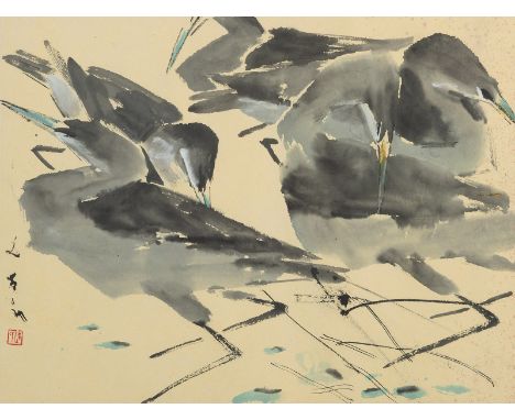 Chen Wenxi/ Chen Wen Hsi (1906-1991)China/Singapur, 20. Jh.33,5 x 44,5 cm, R.Gruppe von Fischreihern. Tusche und leichte Farb