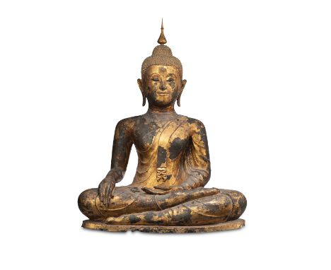 Große Bronze des Buddha ShakyamuniThailand, Ratnakosin-Periode, 19.Jh.H. 80 cmIn sattvasana auf einem niedrigen Sockel sitzen