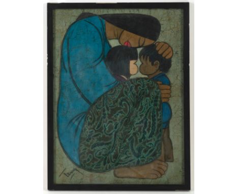 Chuah Thean Teng: Mutter mit zwei Kindern. Batik auf BaumwolleMalaysia (Fujian 1914-2008), rechts unten signiert Teng59 x 44 