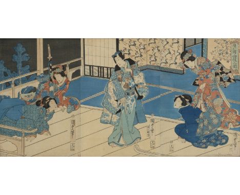 Triptychon des Utagawa Kunisada II (1823-1880) mit Darstellung einer RomanszeneJapan35 x 71 cm R.Aus einer alten deutschen Pr