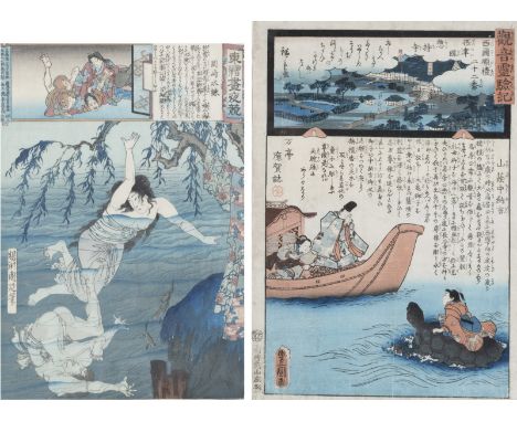 Sechs Farbholzschnitte mit figürlichen Darstellungen, u.a. von Utagawa Kunisada, Taiso Yoshitoshi, Keisai Eisen, Hashimoto Ch