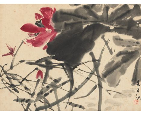 Chen Wenxi/ Chen Wen Hsi (1906-1991)China/Singapur, 20. Jh.34 x 44 cm, R.Roter Lotos mit Libelle. Tusche und leichte Farben a