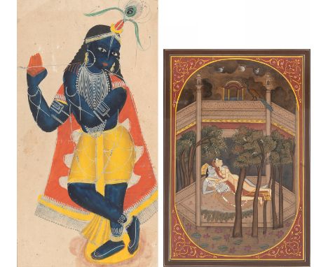 Zwei MiniaturmalereienIndien, 19./20. Jh.H. 27-44 cm R.Portrait des stehenden Krishna und Krishna mit Lakshmi einen Pfau betr