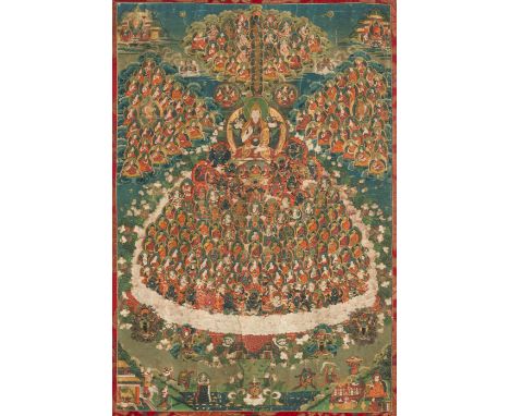 „Zufluchtsbaum“ der Gelug-pa Tradition, mit TsongkhapaTibet, 19. Jh.76x51 (154x 88) cm, R.Dieses Thangka zeigt den aus dem Ur