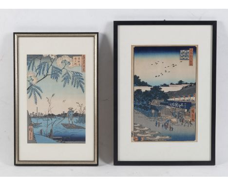 Fünf Farbholzschnitte von Hiroshige aus den Serien '53 Stationen des Tokaido', '36 Ansichten des Fuji' und '100 berühmte Ansi