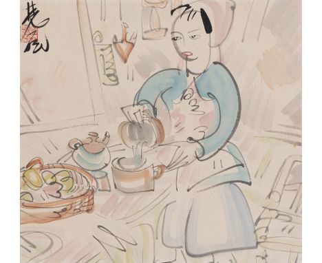 Lin Fengmian (1900-1991)China29,5 x 31 cm R.Dame in der Küche Getränke zubereitend. Leichte Tusche und Farben auf Papier, mon