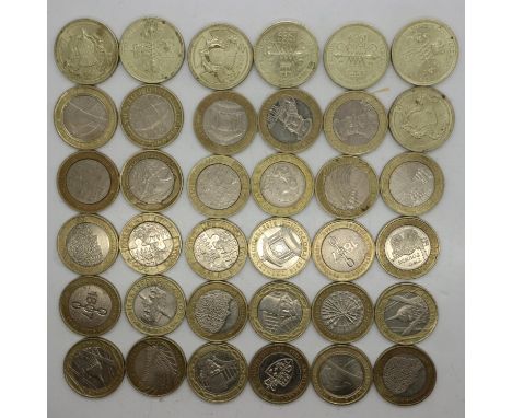 Thirty six commemorative issue £2 coins. UK P&amp;P Group 1 (£16+VAT for the first lot and £2+VAT for subsequent lots) 
