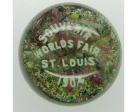 Circular glass paperweight for the St Louis Worlds fair 1904. Wear to base, some scratches to top, no cracks. UK P&amp;P Grou
