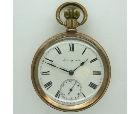 ELGIN: open face gold plated crown-wind pocket watch, not working at lotting. UK P&amp;P Group 1 (£16+VAT for the first lot a