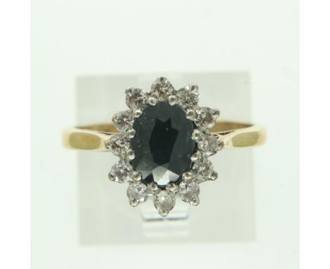 9ct gold, sapphire and diamond set cluster ring, size P, 1.4g. UK P&amp;P Group 0 (£6+VAT for the first lot and £1+VAT for su