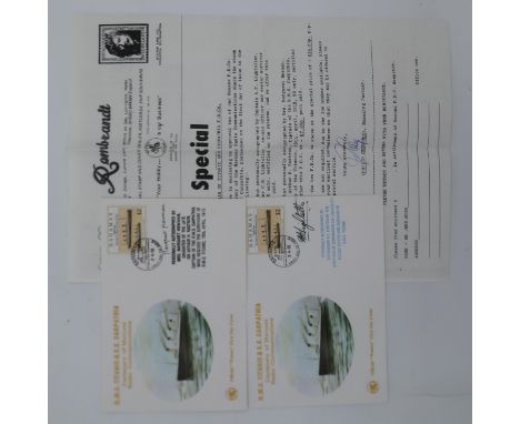 Two signed stamped envelopes of The Titanic and Carpathia, one signed by daughter of daughter and grandson of Titanic survivo