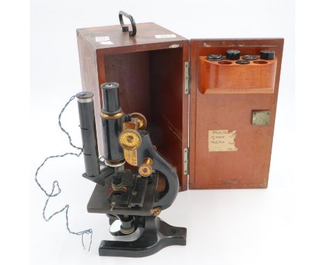 Vintage microscope and box with key. UK P&amp;P Group 3 (£30+VAT for the first lot and £8+VAT for subsequent lots) 