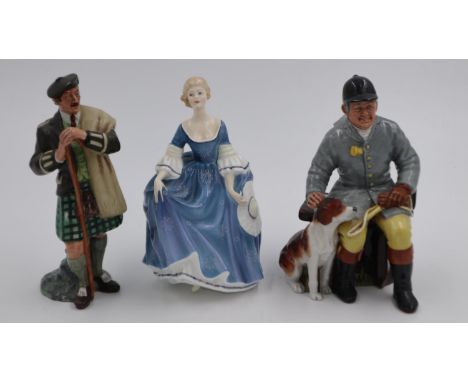 Three Royal Doulton figurines: The Huntsman, The Scotsman and Hilary, no chips or cracks. UK P&amp;P Group 3 (£30+VAT for the