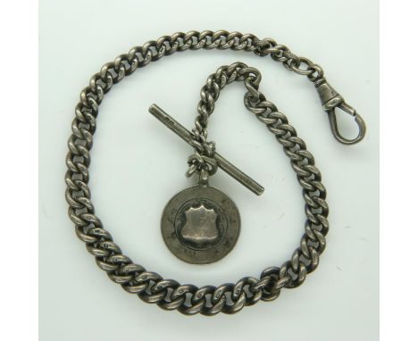 Graduated silver Albert watch chain, T-bar with crocodile clip and fob, L: 32 cm, 40g. UK P&amp;P Group 1 (£16+VAT for the fi