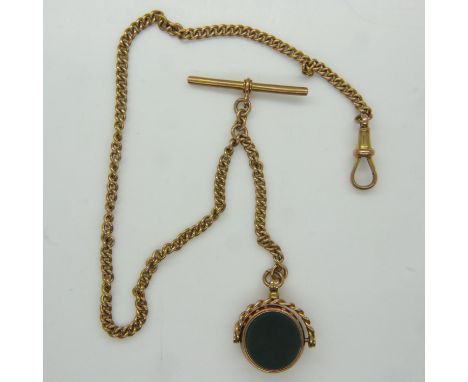9ct gold Albert watch chain, T-bar chain and fob with bloodstone and opal, 19.0g, L: 33 cm. UK P&amp;P Group 0 (£6+VAT for th