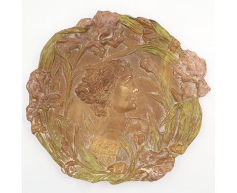 Ernst Wahliss ceramic wall plaque in the Art Nouveau manner, some rubbing, D: 41 cm. UK P&amp;P Group 3 (£30+VAT for the firs