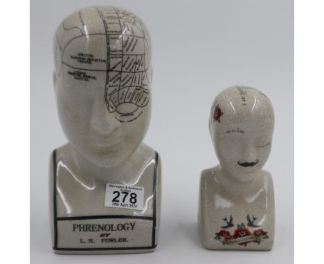 Two ceramic phrenology heads, largest H: 14 cm, no chips or cracks. UK P&amp;P Group 3 (£30+VAT for the first lot and £8+VAT 