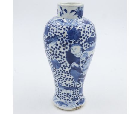 Japanese tall baluster vase with figural and foliate decoration, four-character mark to the base, H: 32 cm, wear to rim and b
