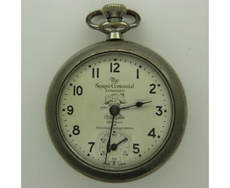 Chrome Sesqui-Centennial crown wind pocket watch for the 1926 Philadelphia exposition. UK P&amp;P Group 2 (£20+VAT for the fi