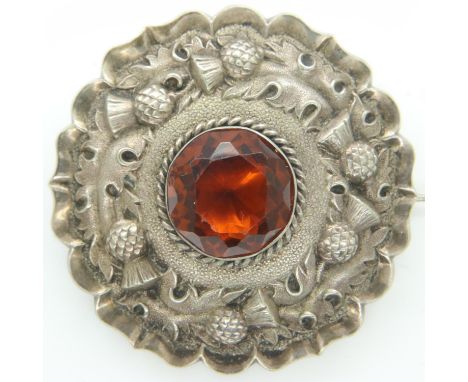 Victorian unmarked silver and citrine Scottish thistle brooch. UK P&amp;P Group 0 (£6+VAT for the first lot and £1+VAT for su